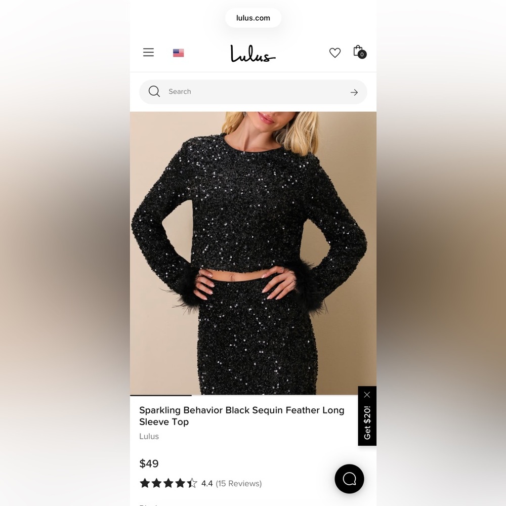 Lulu's Sparkling Behavior Black Sequin Feather Long Sleeve Crop Top